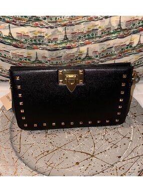 Hanna Grace Black Gold Hardware Studded Chain Strap Small Crossbody Purse
